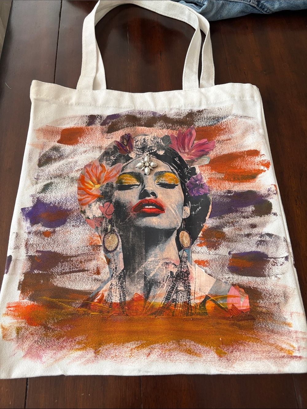 Floral Portrait Canvas Tote in White with Multicolor Accents